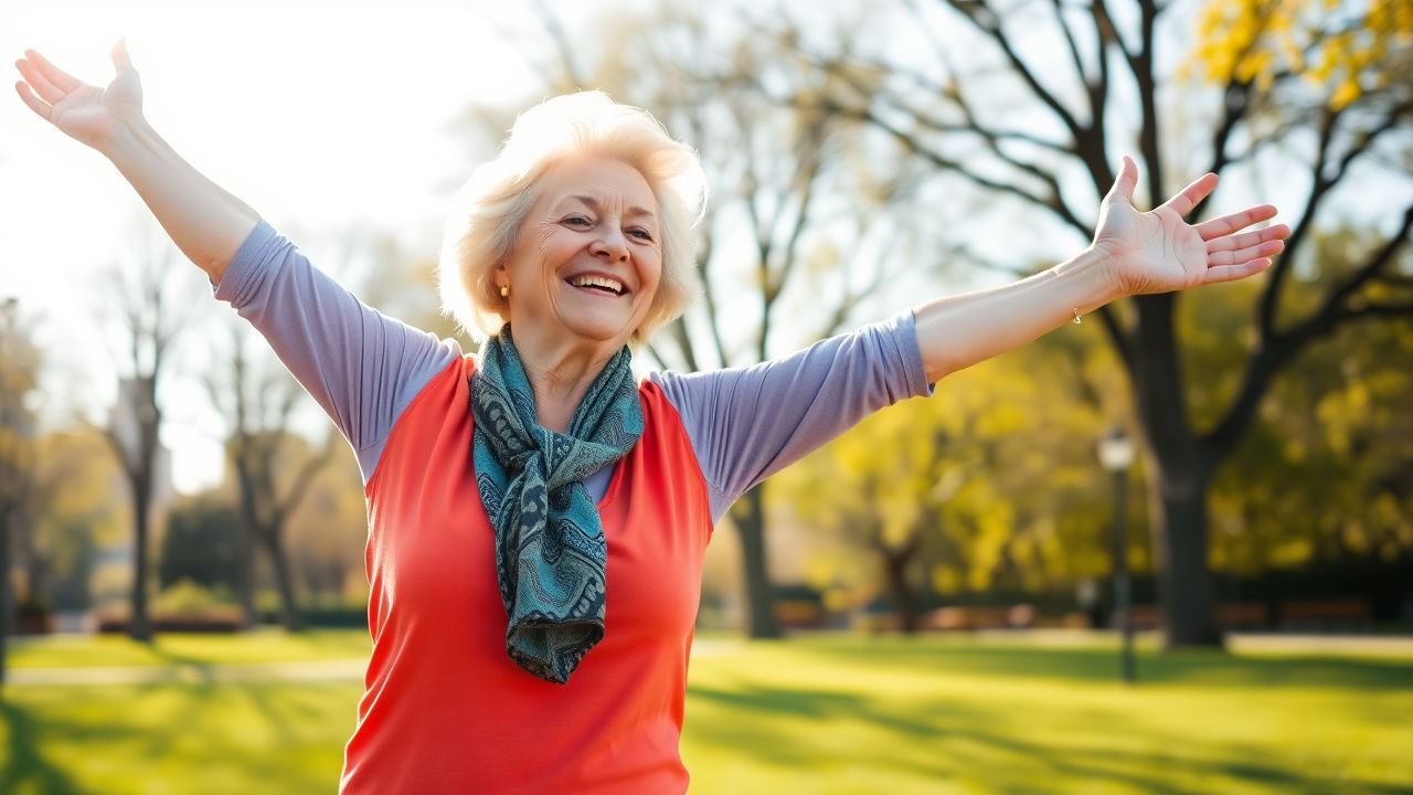 Active senior woman stretching arms freely in a park, joyful expression under natural light