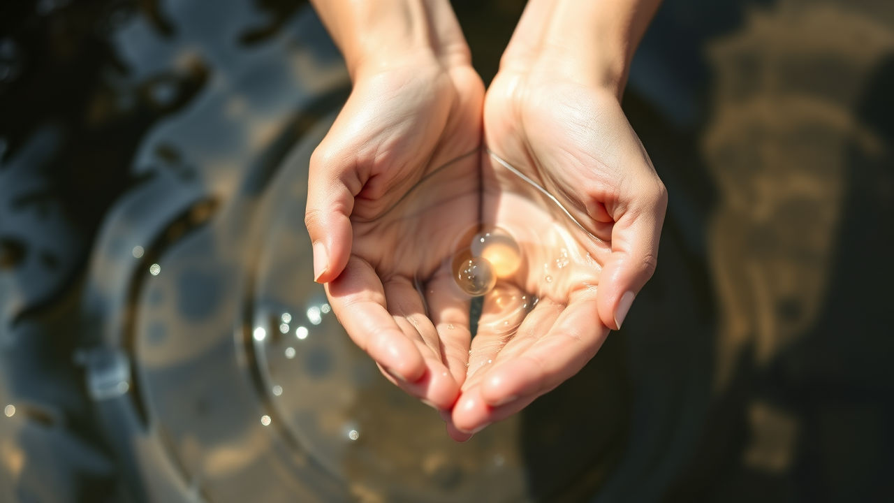calm hands holding water, symbolizing relief and tranquility