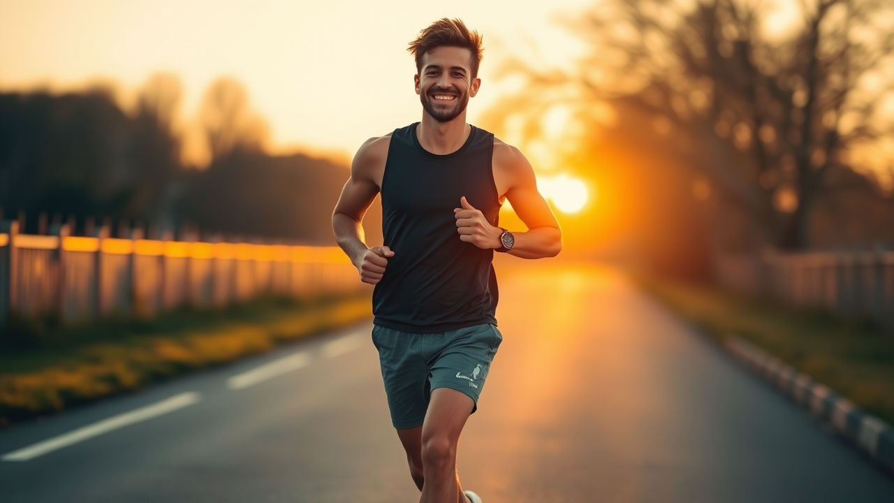 Fit young man jogging at sunrise, captured in golden hour light, conveying energy and vitality
