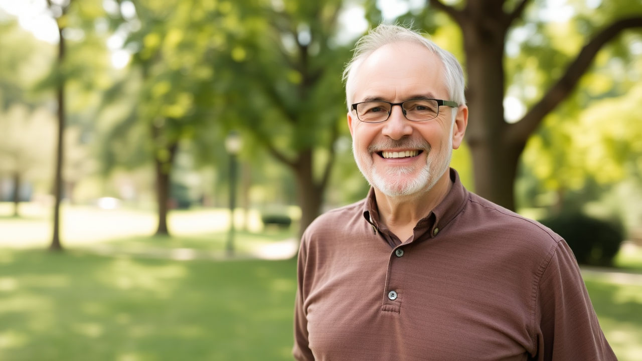 Hombre de mediana edad sonriendo en un parque, simbolizando la salud prostática.