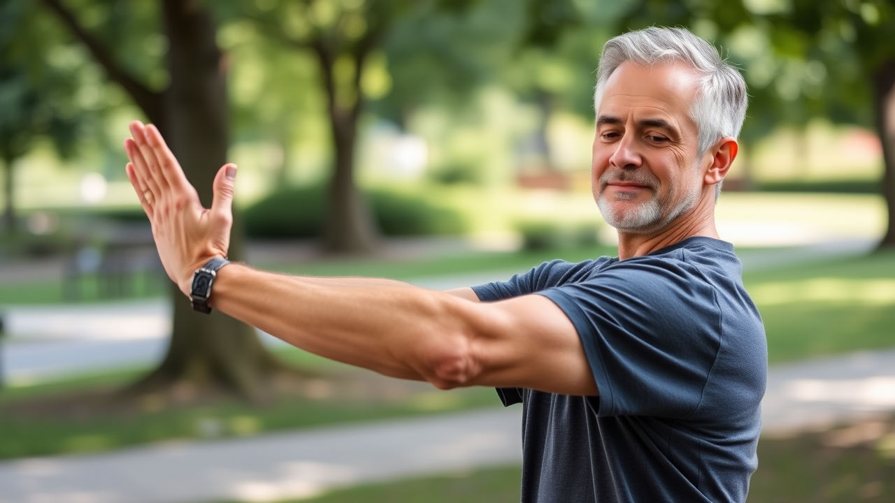 hombre maduro haciendo yoga en ambiente sereno, expresando calma y salud durante el verano