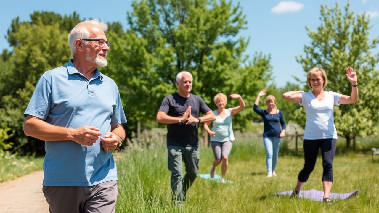 Personas mayores de 40 años realizando actividades físicas al aire libre para mejorar la circulación en un ambiente natural